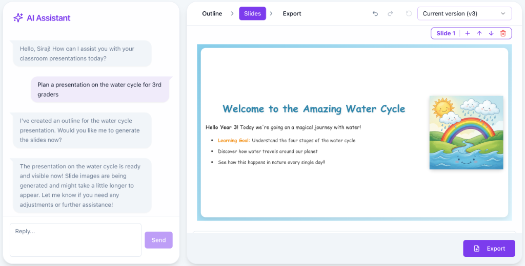 Dydakt App Interface showing chat and slide generation